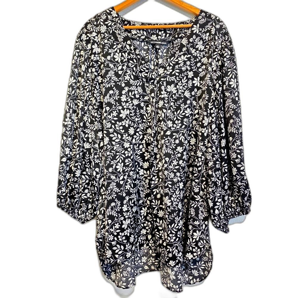 Zac & Rachel Blouse / Top Peasant Black White Floral 3/4 Puff Sleeve Size 2X